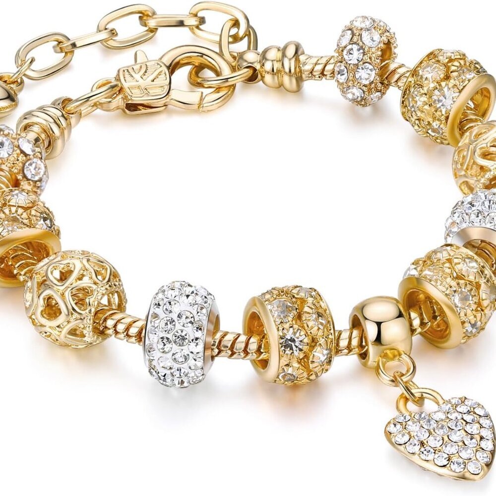 Gold Plated Heart Charm Bracelet Glass Crystal Beaded Bracelet Stunning Jewelry